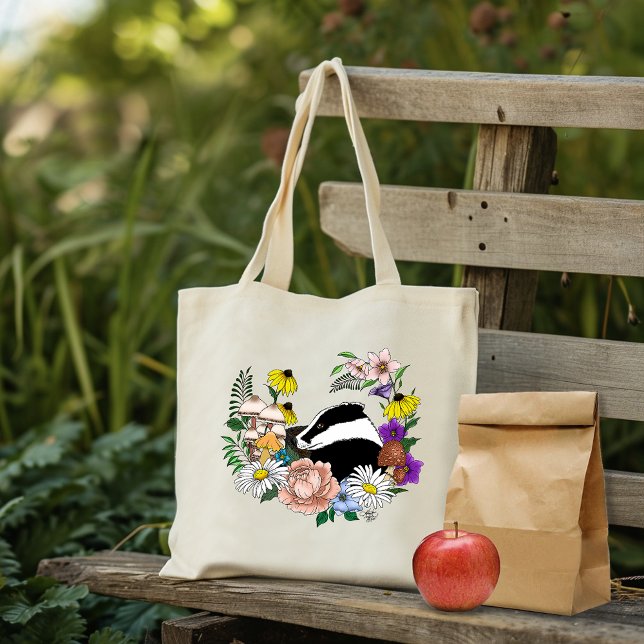 Badger Wild Flowers Mushrooms Green Tote Bag (Creator Uploaded)