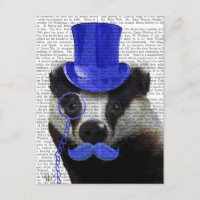 Badger with Blue Top Hat and Moustache