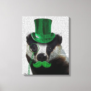 Badger with Green Top Hat and Moustache Canvas Print