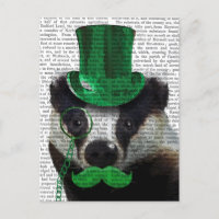 Badger with Green Top Hat and Moustache