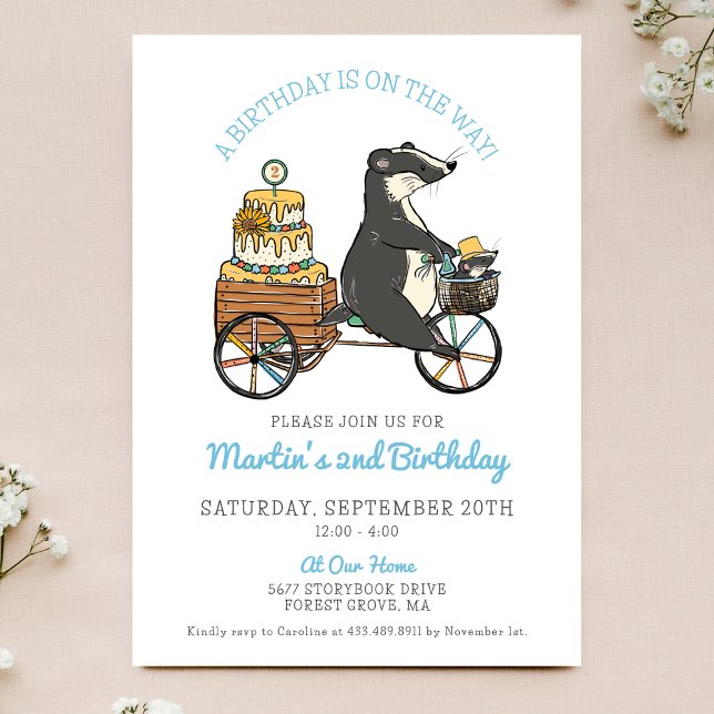 Badgers on Bike with Cake 2nd Birthday Party Invitation (Creator Uploaded)
