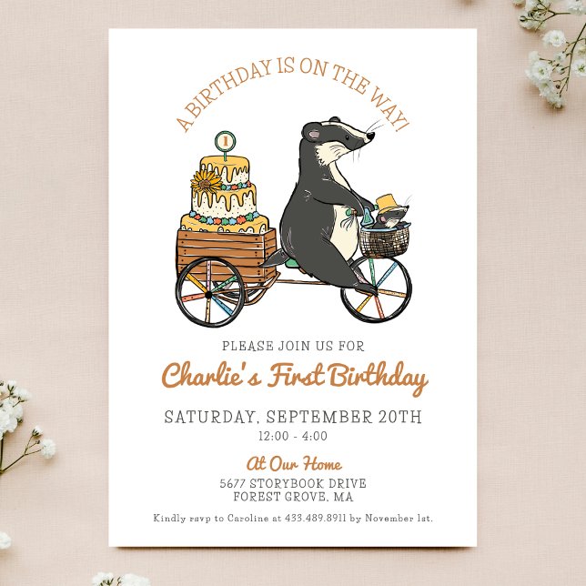 Badgers on Bike with Cake First Birthday Party Invitation (Creator Uploaded)