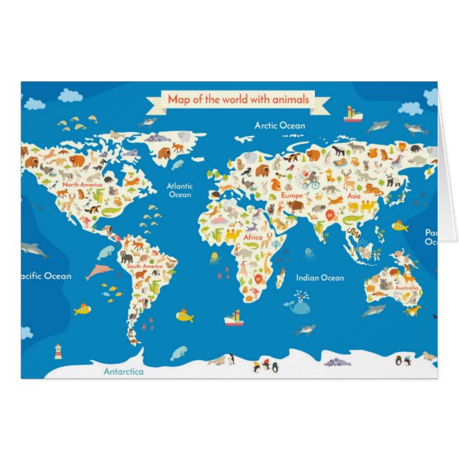 Badine la carte du monde avec des animaux (Devant horizontal)