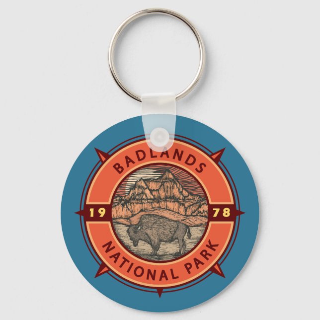 Badlands National Park Buffalo Retro Compass Keychain (Front)