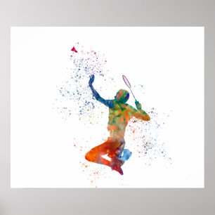 Badminton player in watercolor poster