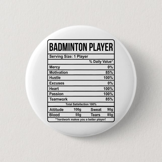 Badminton Player Information And Nutritional Facts 2 Inch Round Button (Front)