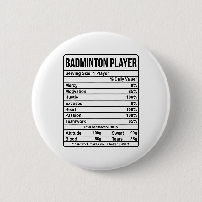 Badminton Player Information And Nutritional Facts 2 Inch Round Button (Front)
