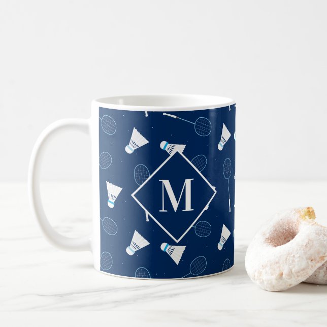 Badminton Player Shuttlecocks Pattern Moogram Coffee Mug (With Donut)