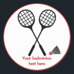 Badminton racquet and shuttlecock custom classic round sticker<br><div class="desc">Badminton gifts, racquet and shuttlecockround sticker that showcases a minimalist black icon of two badminton racquets, a shuttle and a red border around. Personalize it and change text with monogram, name or your message.</div>