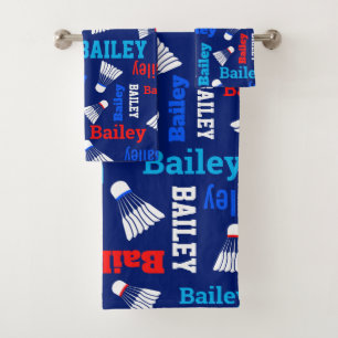 Badminton shuttles white, blue, red name bath towel set