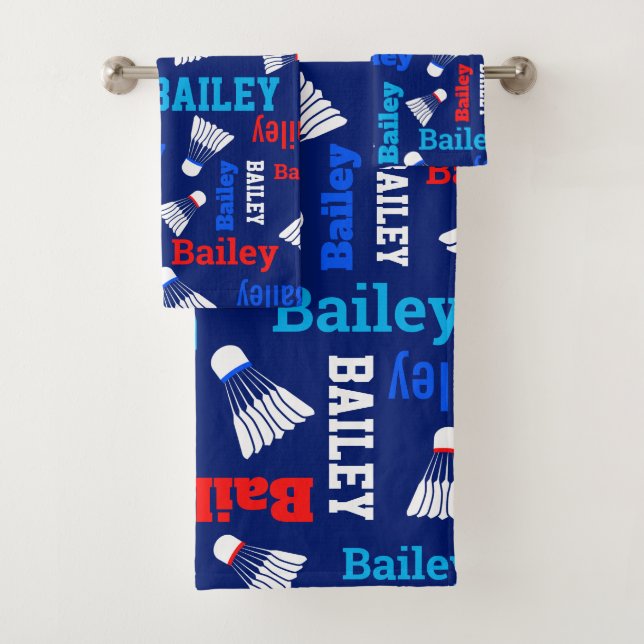 Badminton shuttles white, blue, red name bath towel set (Insitu)