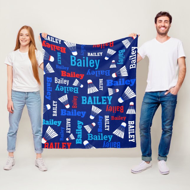 Badminton shuttles white, blue, red name fleece blanket (In Situ)