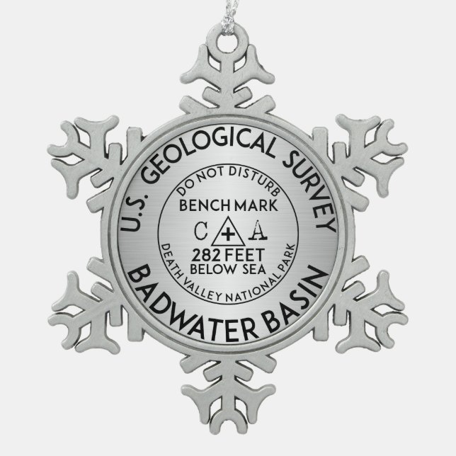 Badwater Basin Death Valley Bench Mark USGS Snowflake Pewter Christmas Ornament (Front)