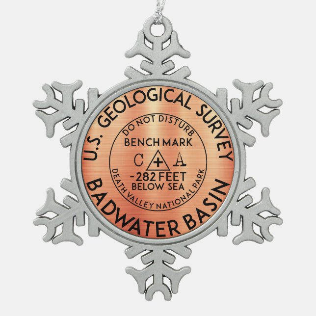 Badwater Basin Death Valley National Park Bench Snowflake Pewter Christmas Ornament (Front)