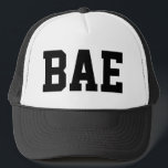 BAE Trucker Hat<br><div class="desc">Trucker cap with mesh back. Printed text; "BAE" on the front. Perfect for couples.</div>