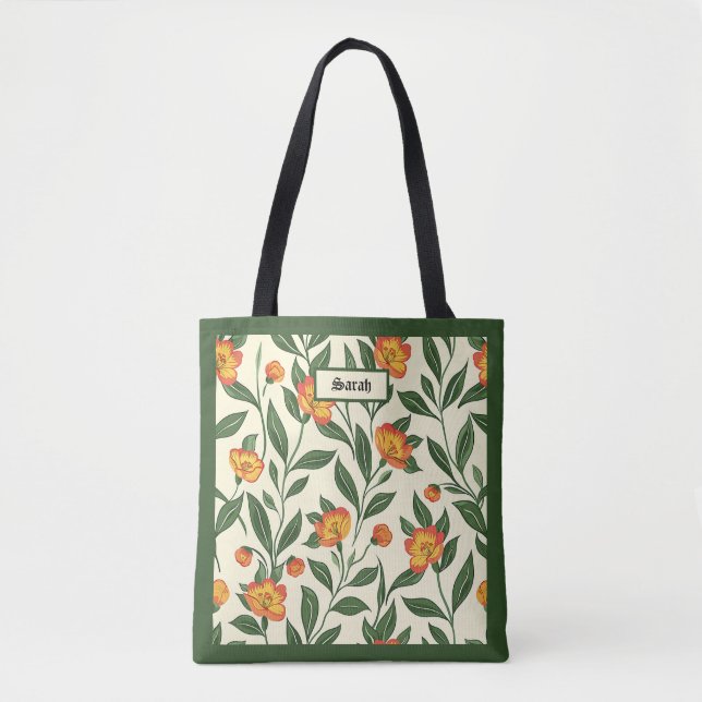 Bag Elegant Stylish Cute Orange Botanical Floral Tote (Devant)