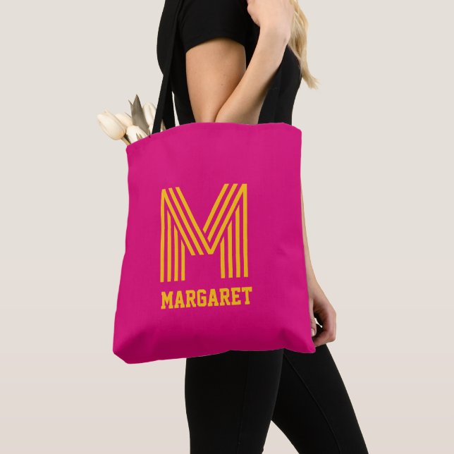 Bag Modern stylish fuchsia &yellow monogram name Tote (De près)