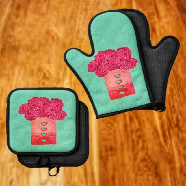 Bag Of Roses-II  Oven Mitt & Pot Holder Set (Prepare a Valentine's Day feast, with this Bag Of Roses Oven Mitt & Pot Holder Set!)