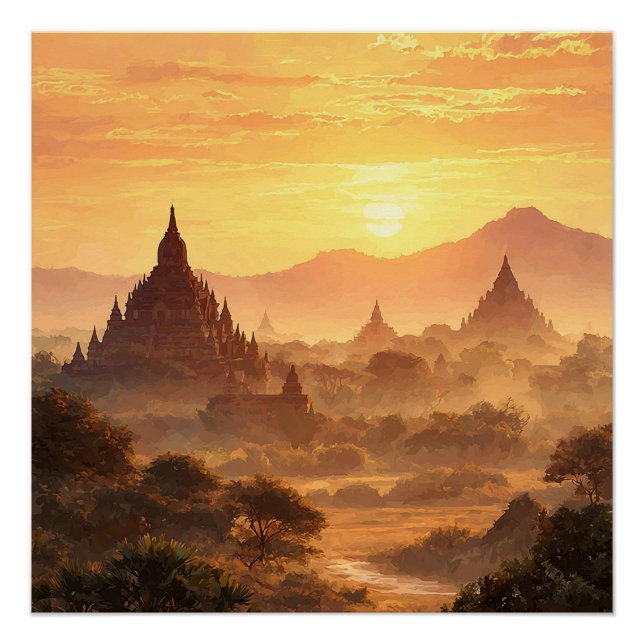 Bagan Myanmar Dry Desert With Temples Vintage  Poster (Front)