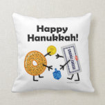 Bagel & Cream Cheese - Happy Hanukkah! Throw Pillow<br><div class="desc">Jewish food BFFs—Bagel & Cream Cheese—greet each other warmly at Hanukkah,  and play with a dreidel for chocolate coins (gelt). Part of my "Friendly Foods" collection... click on Store link below to see them all. YOU CAN CHANGE THE BACKGROUND COLOR ON BOTH SIDES OF PILLOW TO ANYTHING YOU WANT!</div>