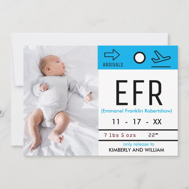 Baggage Claim Ticket Cute Baby Boy Birth Announcement (Front)