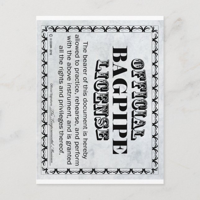 Bagpipe License Postcard (Front)