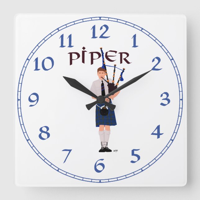 Bagpiper - Blue Kilt Square Wall Clock (Front)