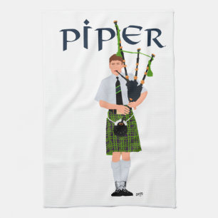 Bagpiper - Green Kilt Kitchen Towel
