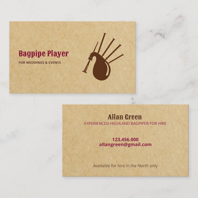 Bagpipers for Hire Piper Business Card (Front/Back)