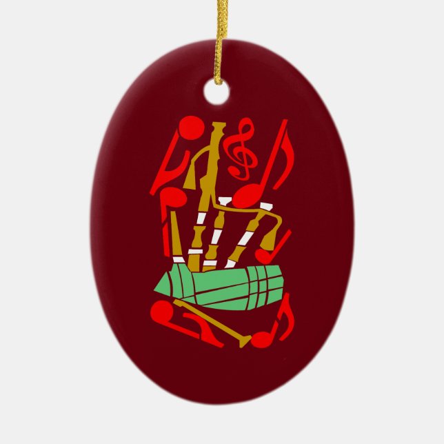 Bagpipes Red Music Notes Ceramic Ornament (Front)