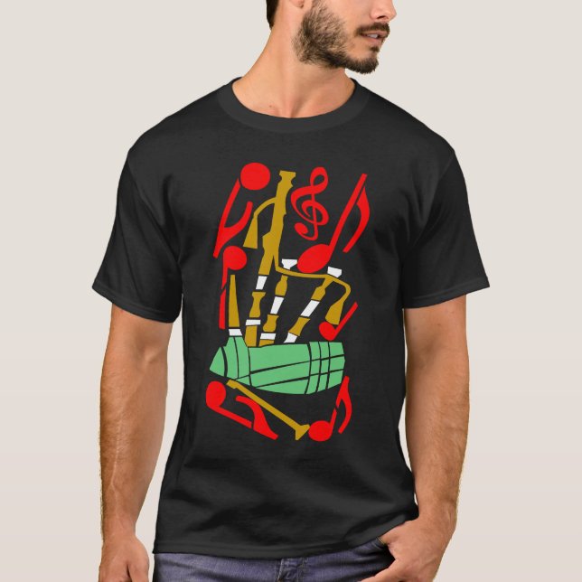 Bagpipes Red Music Notes T-Shirt (Front)