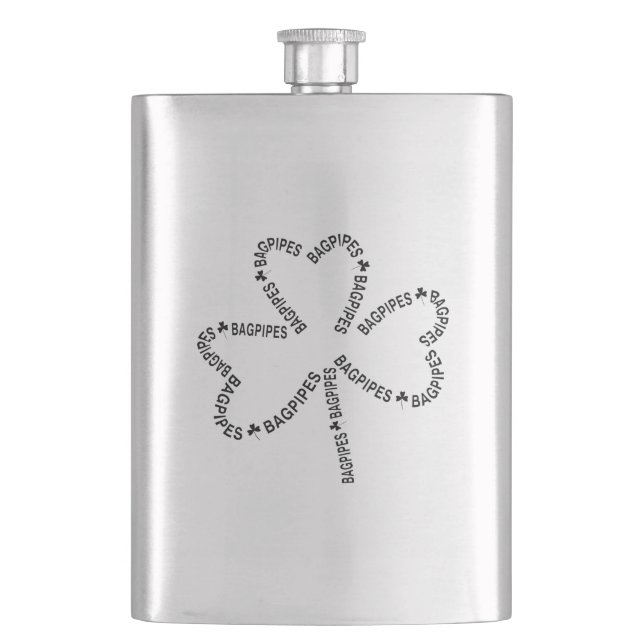 Bagpipes Text Shamrock Hip Flask (Front)