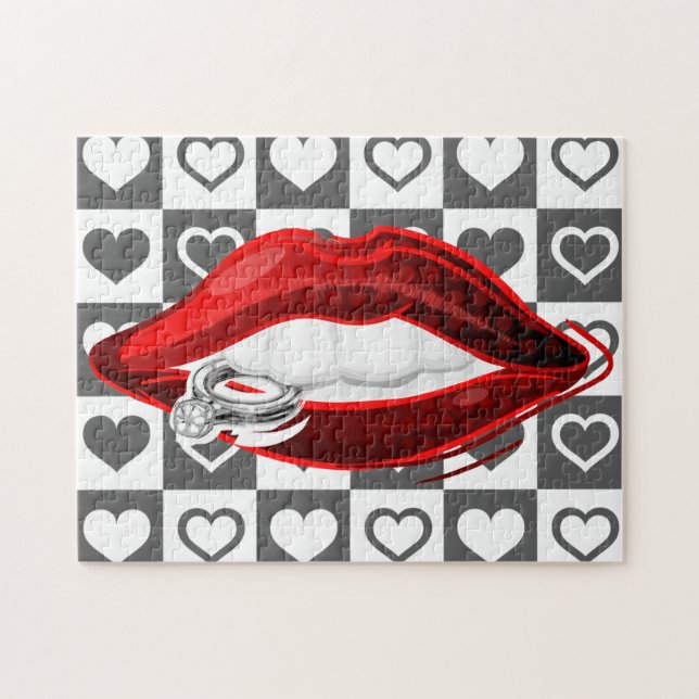 Bague de puzzle des lèvres rouges - Coeurs (Horizontal)