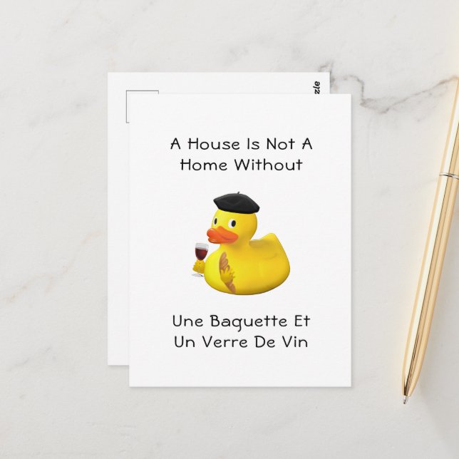 Baguette and Wine Rubber Duck Beret Postcard (Front/Back In Situ)