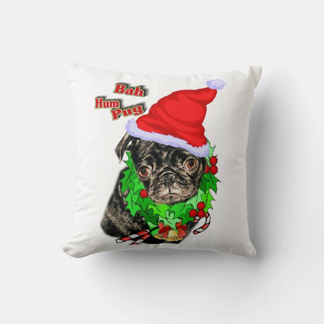 Bah Hum Pug Christmas Throw Pillow (Front)