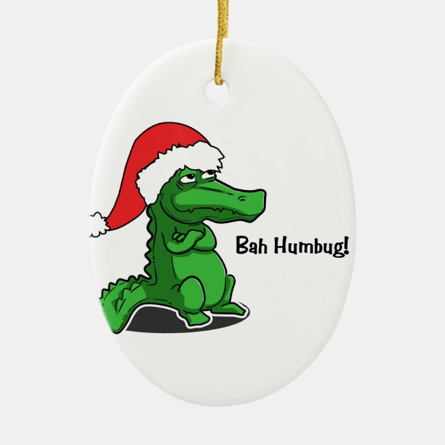Bah Humbug! Fun, Alligator with Santa hat Ceramic Ornament (Front)