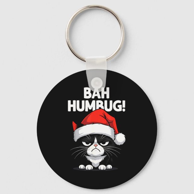 Bah Humbug Funny Bad Cat Christmas Hater Cat Lover Keychain (Front)