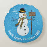 Bah Humbug Grumpy Christmas Snowman Introvert Round Pillow<br><div class="desc">Bah humbug! This funny design is the perfect thing for a Christmas dinner celebration, a host or hostess gift, or anyone that is a little on the antisocial side and would rather avoid the big crowds this holiday season. Features a snowman wearing a hat and scarf holding a sign that...</div>