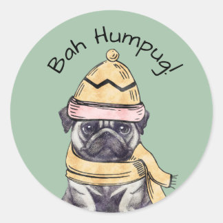 Bah Humpug Cute Christmas Illustrated Pug Winter  Classic Round Sticker