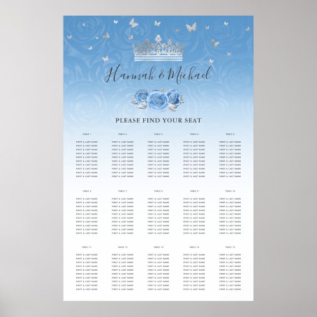 Bahama Blue and Silver Crown Floral Seating Charts (Front)