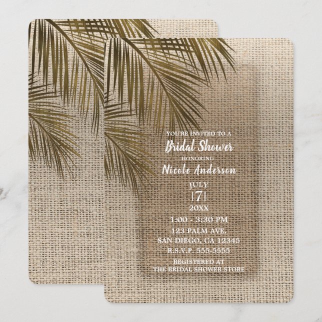 Bahama Breeze Bronze Palm Rustic Burlap Bridal Invitation (Front/Back)