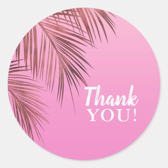 Bahama Breeze Bronze Rose Gold Palm Pink Wedding Classic Round Sticker (Front)