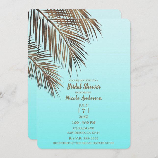 Bahama Breeze Copper Palm Aqua Blue Bridal Shower Invitation (Front/Back)