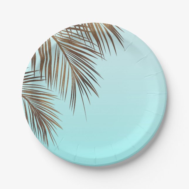 Bahama Breeze Copper Palm Aqua Sea Blue Wedding Paper Plate (Front)