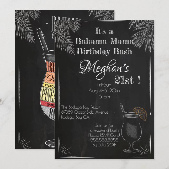 Bahama Mama Vintage Chalk 21st Birthday Bash Invitation (Front/Back)