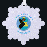 Bahaman Flag Black Angel Personalized Ornament Card<br><div class="desc">On these personalized paper ornament cards, a Black angel wears the flag of Bahama and flies in the centre of a digitally created, textured, blue, fractal circle. The primary colours in this design are blue and white, chosen with Hanukkah in mind. Blue letters read BAHAMAN ANGEL and make a space...</div>