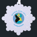 Bahaman Flag Blonde Angel Personalized Text Ornament Card<br><div class="desc">On these personalized paper ornament cards, a blonde angel wears the flag of Bahama and flies in the centre of a digitally created, textured, blue, fractal circle. The primary colours in this design are blue and white, chosen with Hanukkah in mind. Blue letters read BAHAMAN ANGEL and make a space...</div>