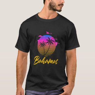 Bahamas Caribbean Retro Sunset Palm Tree Flamingo  T-Shirt