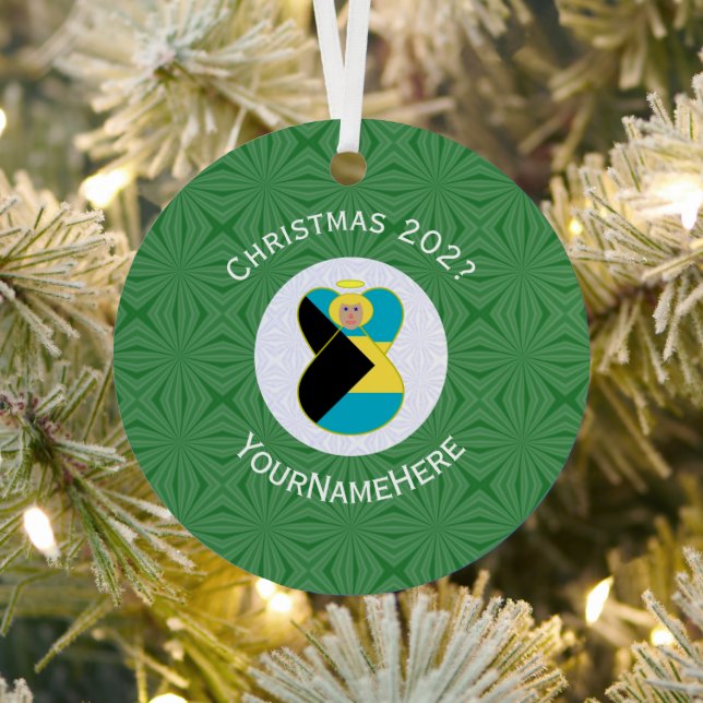 Bahamas Flag Angel Christmas Green Metal Ornament (Insitu)