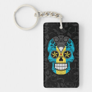 Bahamas Flag Sugar Skull with Roses Keychain